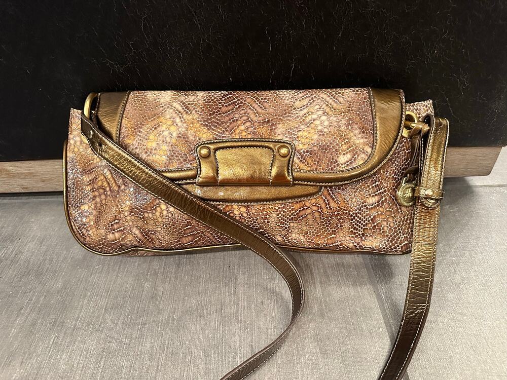 Brahmin Brown Embossed Leather Shoulder Bag Bronze Trim Snake Print Satchel